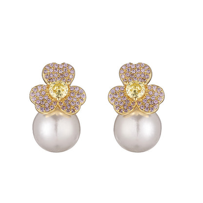 1 Pair Casual Elegant Simple Style Flower Petal Plating Inlay Copper Artificial Pearls Zircon 18k Gold Plated Ear Studs