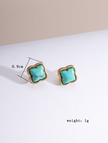 Wholesale Jewelry Ig Style Cute Simple Style Four Leaf Clover Flower Alloy Turquoise Agate 18k Gold Plated Plating Inlay Ear Studs