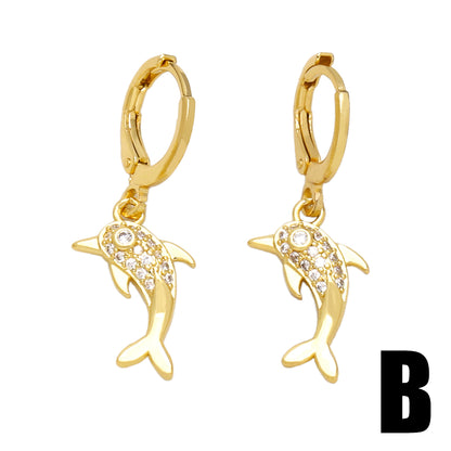 1 Pair Sweet Dolphin Heart Shape Plating Inlay Copper Zircon 18k Gold Plated Drop Earrings