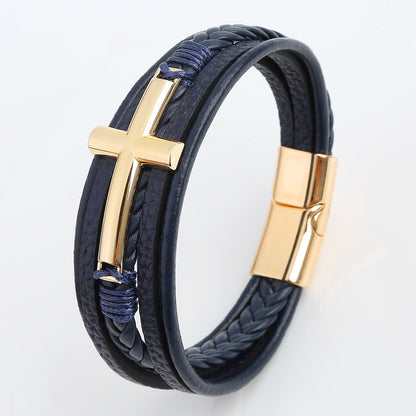 Casual Streetwear Cross Stainless Steel Pu Leather Bangle