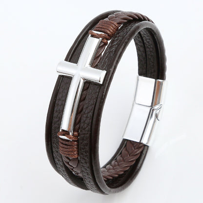 Casual Streetwear Cross Stainless Steel Pu Leather Bangle