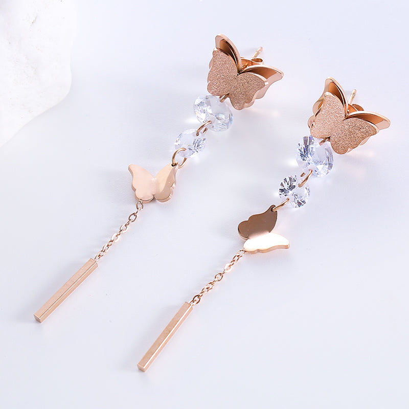 1 Pair Elegant Butterfly Plating Stainless Steel Zircon 18k Gold Plated Rose Gold Plated Drop Earrings