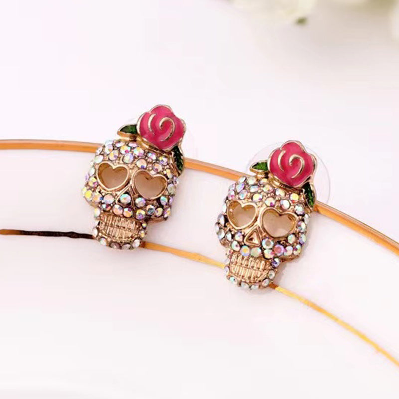 1 Pair Lady Paper Clip Water Droplets Skull Plating Inlay Alloy Rhinestones 24k Gold Plated Earrings Ear Studs