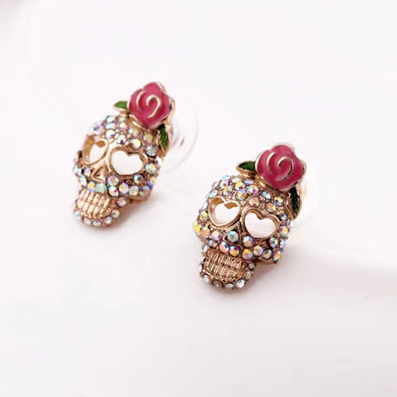 1 Pair Lady Paper Clip Water Droplets Skull Plating Inlay Alloy Rhinestones 24k Gold Plated Earrings Ear Studs