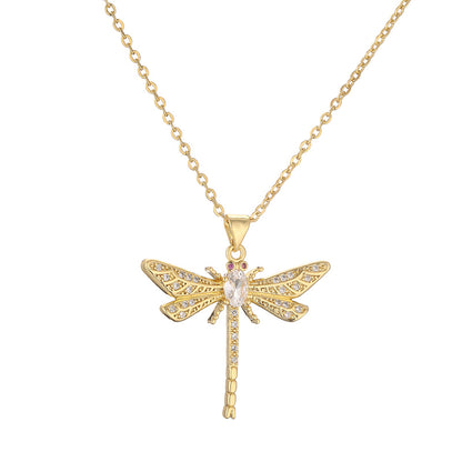 Simple Style Dragonfly Copper Plating Inlay Zircon Gold Plated Pendant Necklace