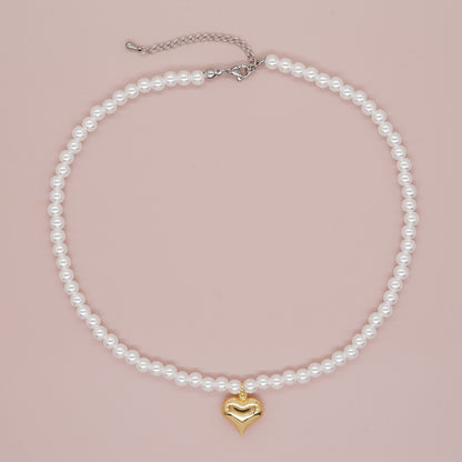 Simple Style Heart Shape Imitation Pearl Alloy Beaded Women's Pendant Necklace