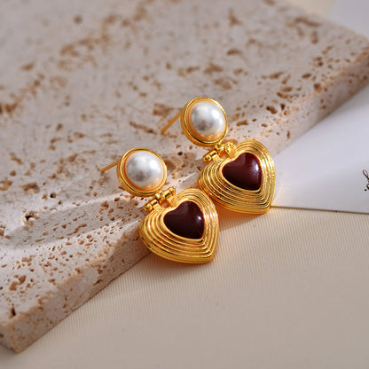 1 Pair Elegant Classical Heart Shape Inlay Copper Artificial Pearls Ear Studs