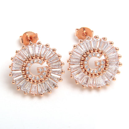 Small 26 Letter Sweet Female Zircon Electroplated Copper Earrings