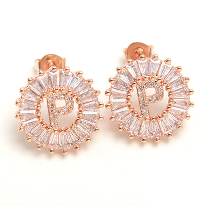 Small 26 Letter Sweet Female Zircon Electroplated Copper Earrings