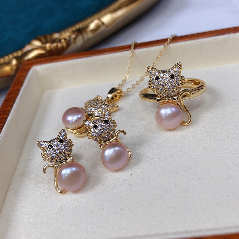 Simple Style Cat Copper Inlay Zircon Jewelry Set