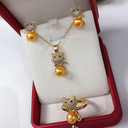 Simple Style Cat Copper Inlay Zircon Jewelry Set