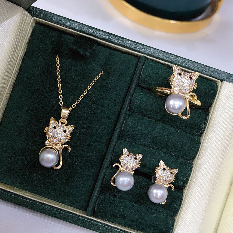 Simple Style Cat Copper Inlay Zircon Jewelry Set