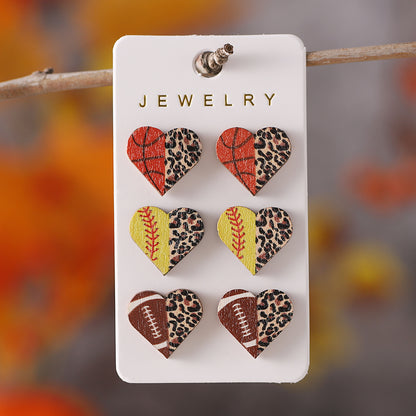 3 Pairs Vintage Style Heart Shape Wood Ear Studs