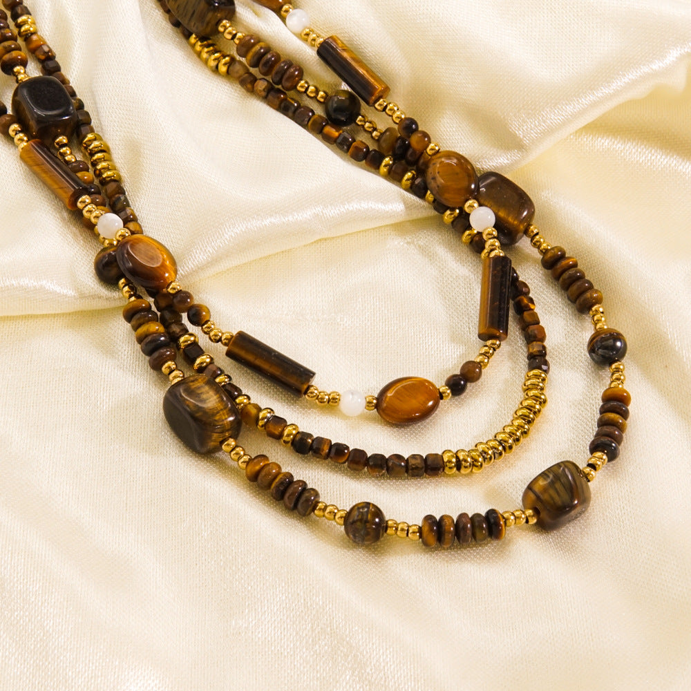 Casual Vintage Style Geometric Stainless Steel Tiger Eye Knitting Necklace