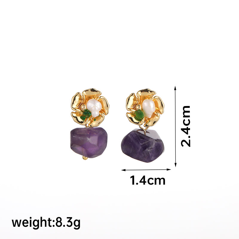 1 Pair Ig Style Retro C Shape Irregular Flower Crystal Pearl Plating Copper 18k Gold Plated Drop Earrings Ear Studs