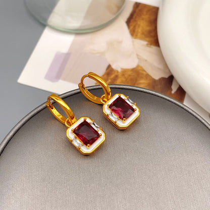 1 Pair Retro Square Inlay Brass Zircon Drop Earrings