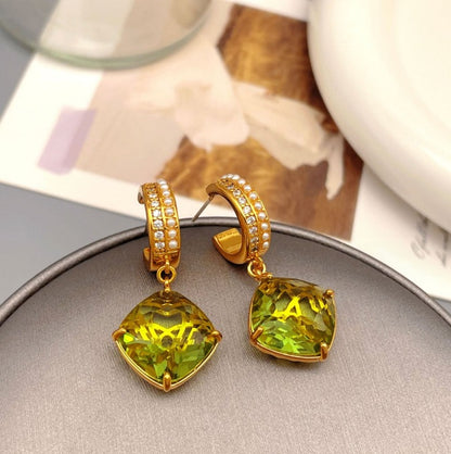 1 Pair Retro Square Inlay Brass Zircon Drop Earrings