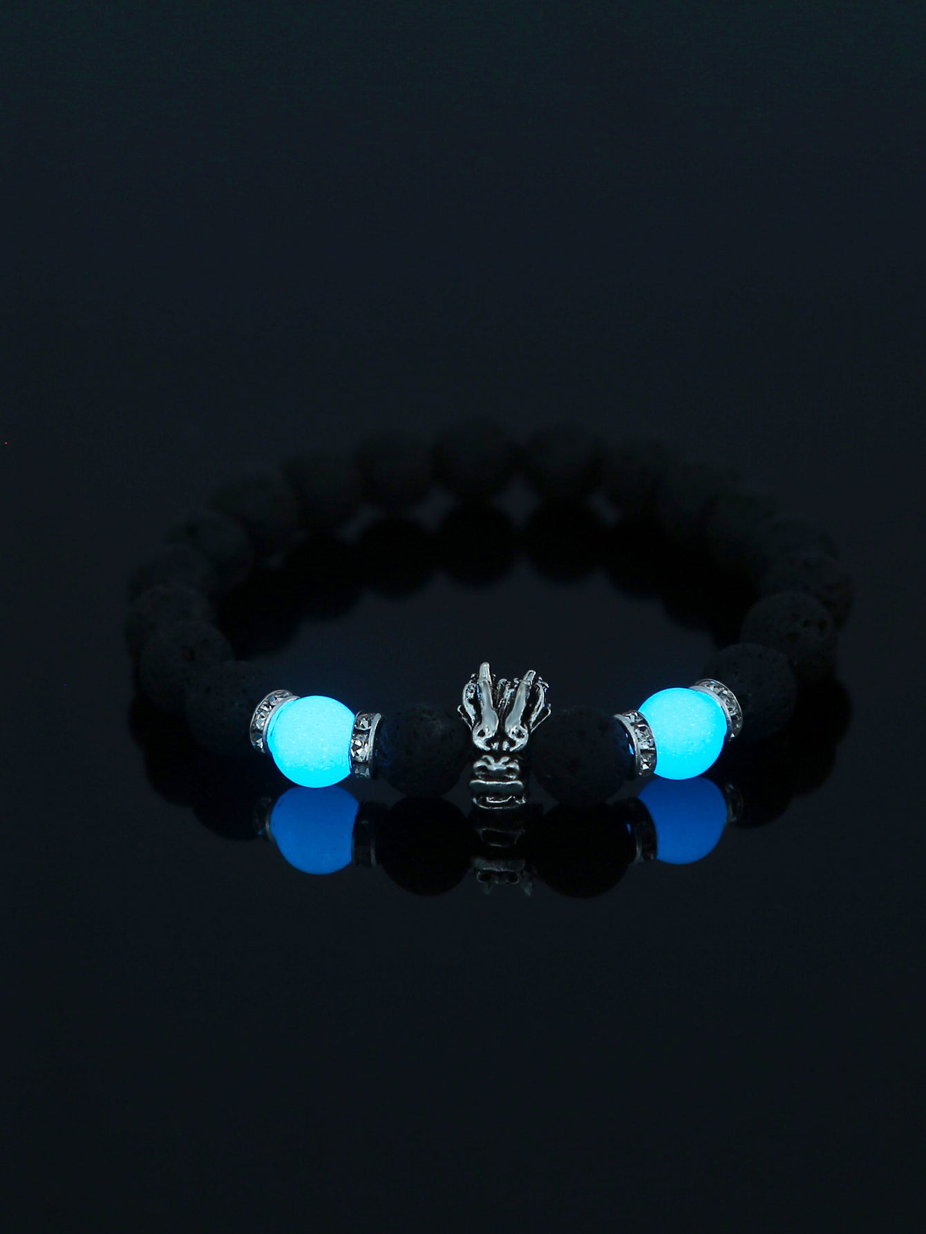 Fashion Rose Flower Beaded Black Volcanic Stone Blue Green Luminous Bracelet