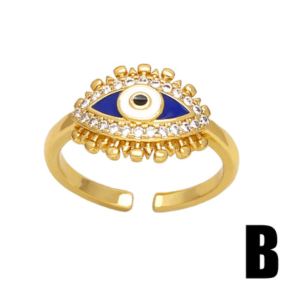 Vintage Style Simple Style Devil's Eye Copper Enamel Plating Inlay Zircon 18k Gold Plated Open Rings