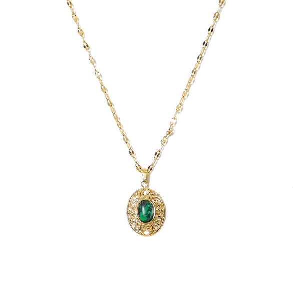 Ig Style Vacation French Style Oval Stainless Steel Plating Inlay Natural Stone 18k Gold Plated Pendant Necklace