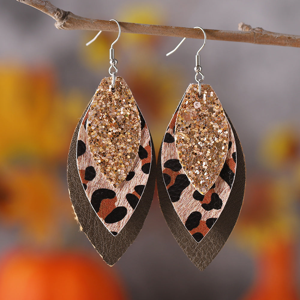 1 Pair Casual Retro Leopard Sequins Layered Pu Leather Drop Earrings