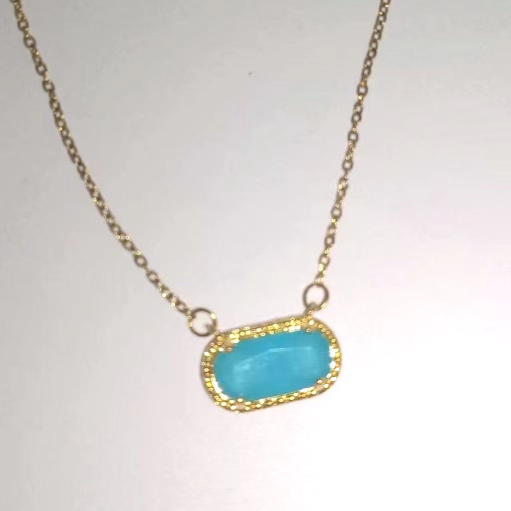 Retro Oval Copper Plating Inlay Natural Stone Opal Zircon Gold Plated Pendant Necklace