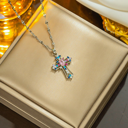 Streetwear Cross Titanium Steel Inlay Zircon Pendant Necklace