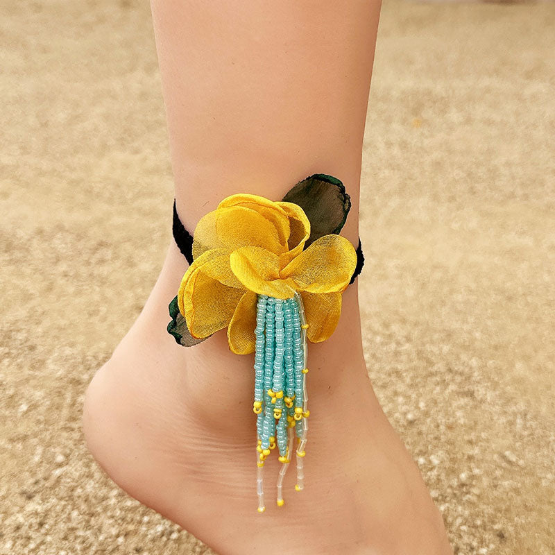 Vacation Bohemian Beach Flower Artificial Crystal Cloth Beaded Tassel Net Yarn Women's Anklet