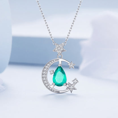 Elegant Star Moon Sterling Silver Plating Inlay Zircon White Gold Plated Pendant Necklace