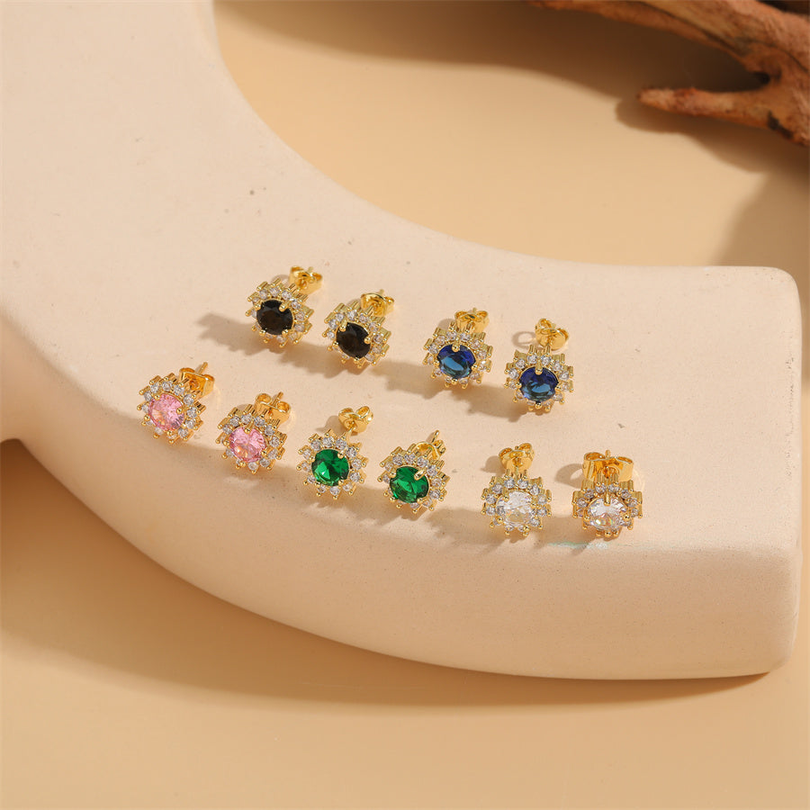 1 Pair Cute Simple Style Commute Round Flowers Copper Zircon 14k Gold Plated Ear Studs