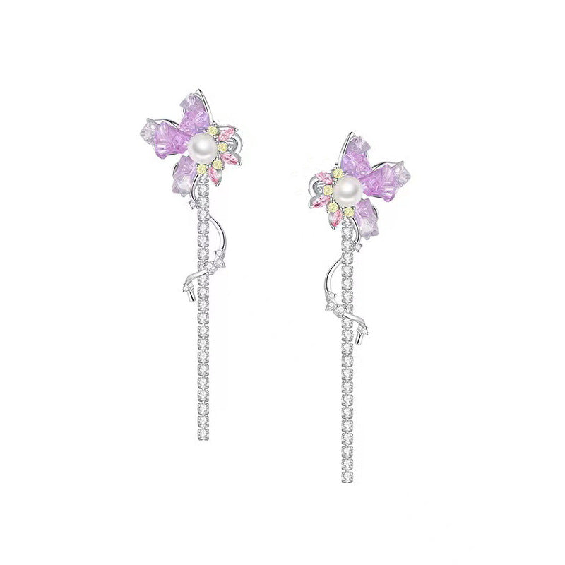 1 Piece 1 Pair Sweet Simple Style Moon Butterfly Tassel Plating Alloy Zircon Earrings