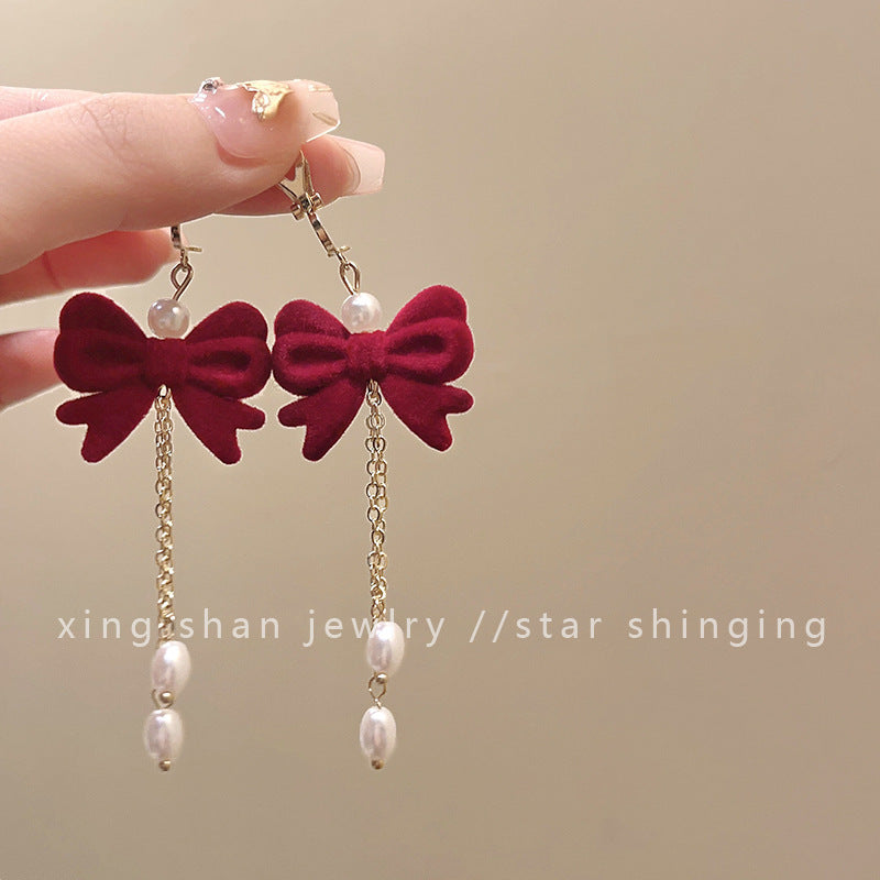 Retro Heart Shape Flower Bow Knot Imitation Pearl Flocking Women's Earrings 1 Pair