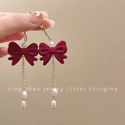 Retro Heart Shape Flower Bow Knot Imitation Pearl Flocking Women's Earrings 1 Pair