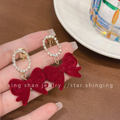 Retro Heart Shape Flower Bow Knot Imitation Pearl Flocking Women's Earrings 1 Pair