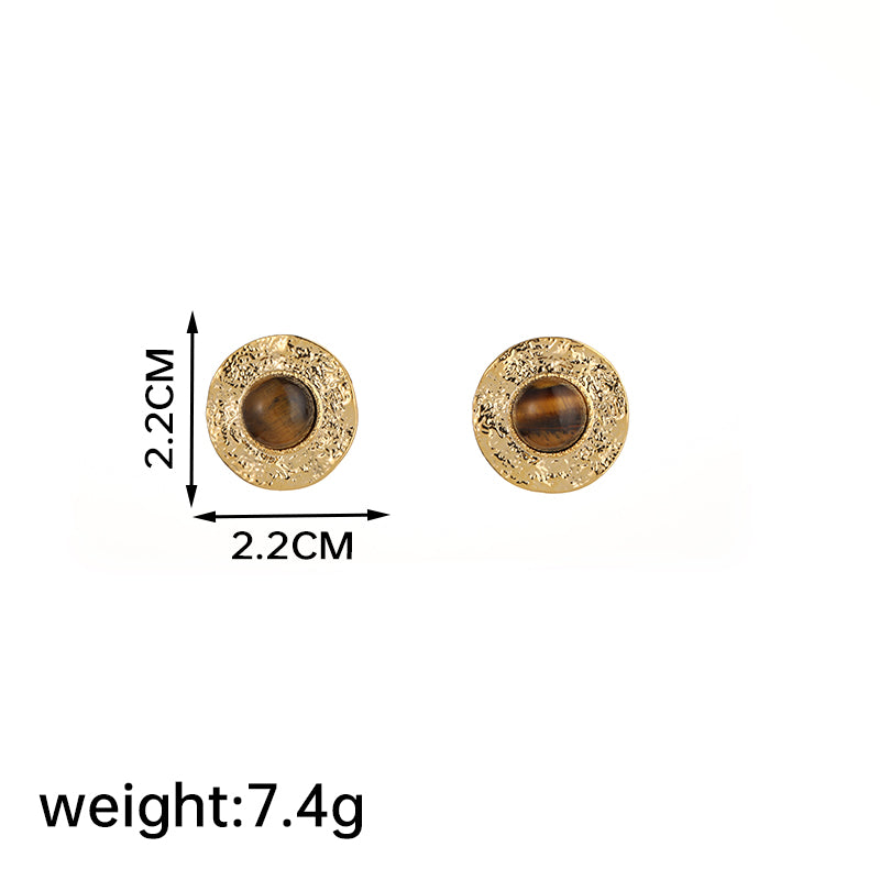 1 Pair Retro Luxurious Round Inlay Copper Tiger Eye Obsidian 18K Gold Plated Ear Studs