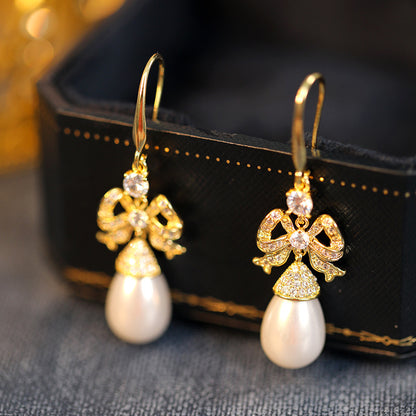 1 Pair Elegant Lady Geometric Flower Bow Knot Inlay Copper Artificial Pearls Zircon Drop Earrings