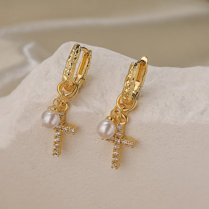 1 Pair Elegant Lady Simple Style Cross Lotus Plating Inlay Copper Zircon 18k Gold Plated Drop Earrings