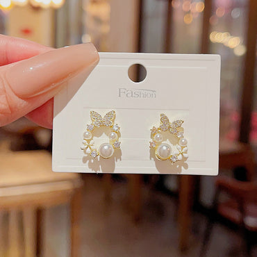 1 Pair Sweet Butterfly Inlay Copper Pearl Zircon Ear Studs