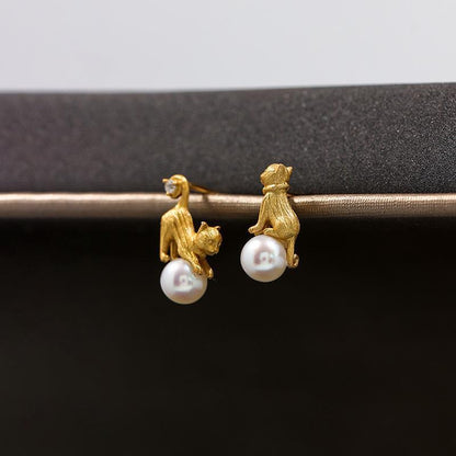 1 Pair Simple Style Cat Inlay Copper Pearl Earrings