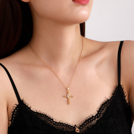 Streetwear Korean Style Cross Stainless Steel Plating Inlay Zircon 18k Gold Plated Pendant Necklace