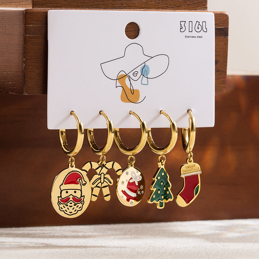 1 Set Cute Classic Style Christmas Tree Santa Claus Snowman Enamel Plating Stainless Steel 14k Gold Plated Drop Earrings