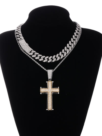 Gothic Hip-hop Punk Cross Zinc Alloy Plating Inlay Rhinestones 18k Gold Plated Men's Pendant Necklace