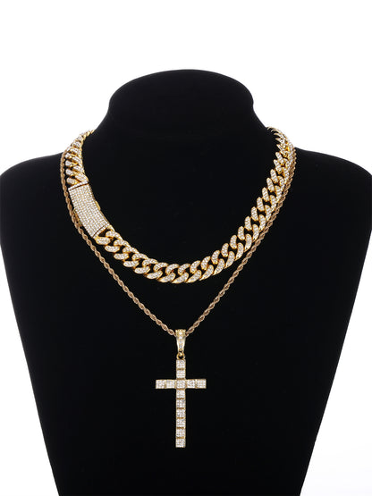 Gothic Hip-hop Punk Cross Zinc Alloy Plating Inlay Rhinestones 18k Gold Plated Men's Pendant Necklace