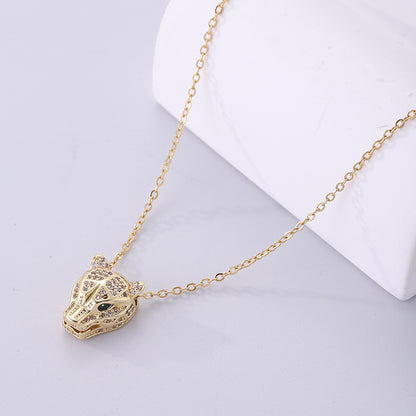 Vintage Style Leopard Head Stainless Steel Plating Inlay Zircon 18k Gold Plated Pendant Necklace