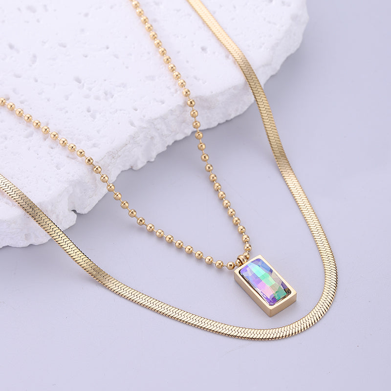 Vintage Style Rectangle Stainless Steel Plating Inlay Crystal 18k Gold Plated Pendant Necklace