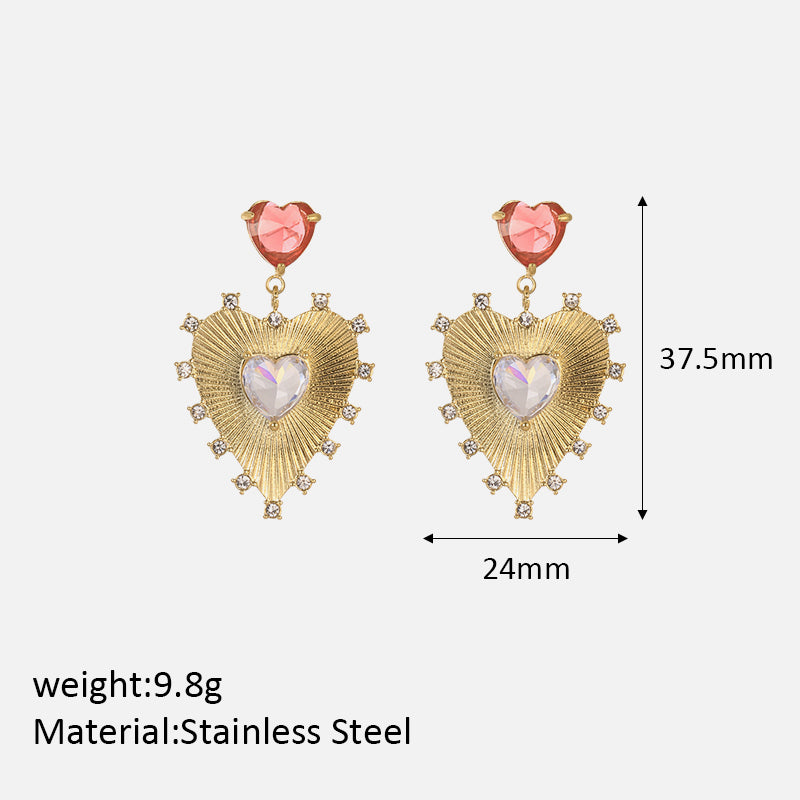 1 Pair Vintage Style Heart Shape Plating Inlay Stainless Steel Zircon 18k Gold Plated Drop Earrings