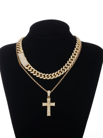 Gothic Hip-hop Punk Cross Zinc Alloy Plating Inlay Rhinestones 18k Gold Plated Men's Pendant Necklace