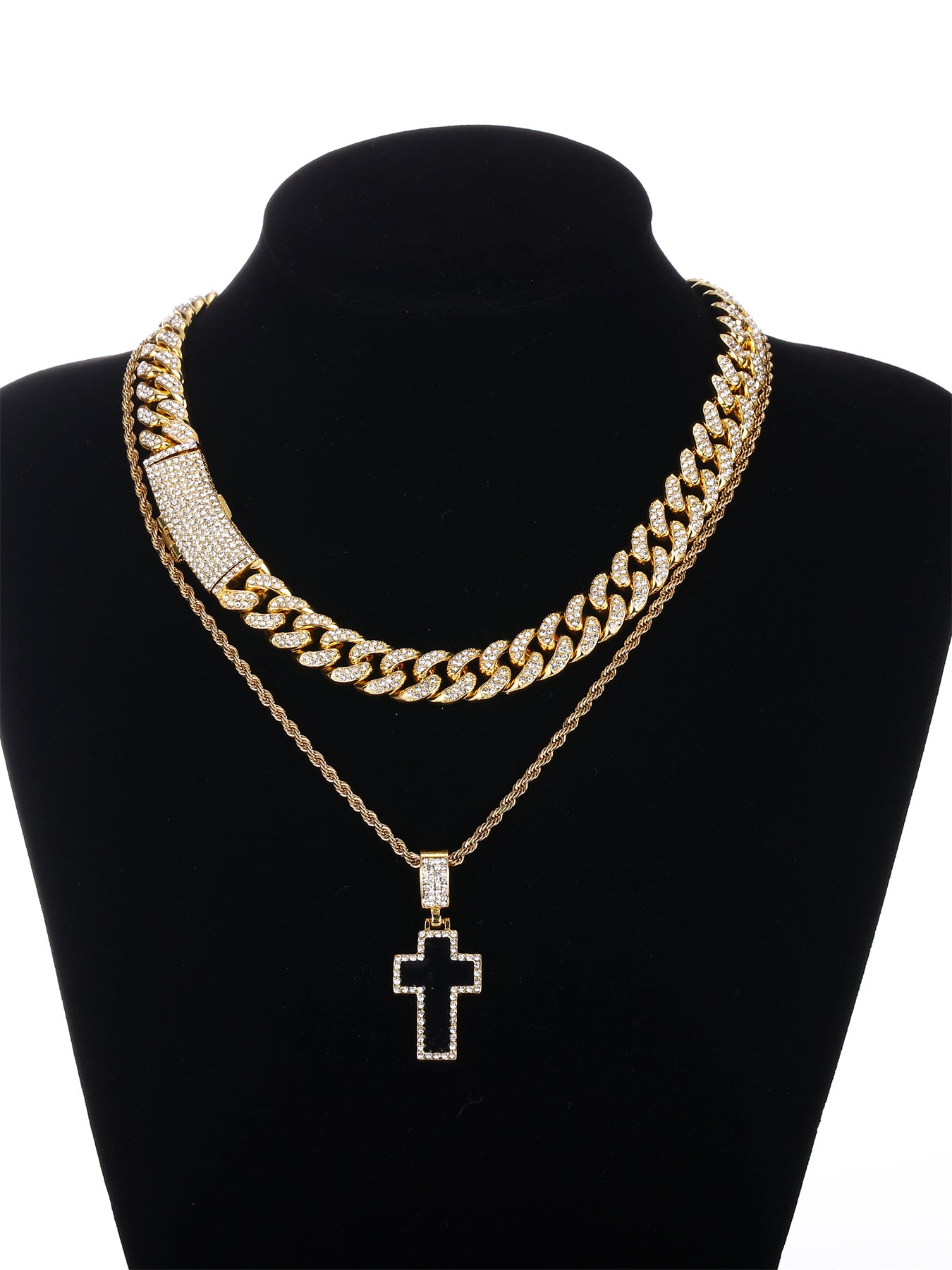 Gothic Hip-hop Punk Cross Zinc Alloy Plating Inlay Rhinestones 18k Gold Plated Men's Pendant Necklace