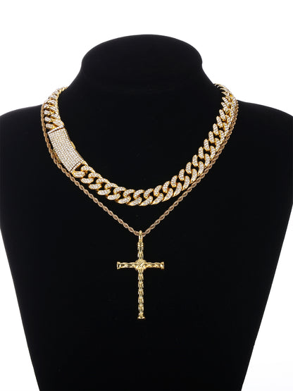 Gothic Hip-hop Punk Cross Zinc Alloy Plating Inlay Rhinestones 18k Gold Plated Men's Pendant Necklace