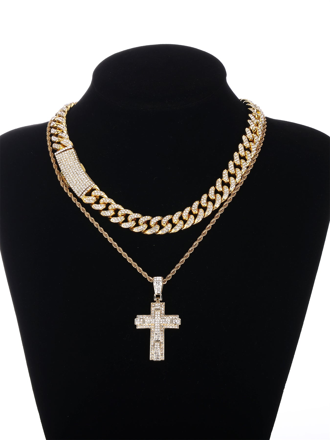 Gothic Hip-hop Punk Cross Zinc Alloy Plating Inlay Rhinestones 18k Gold Plated Men's Pendant Necklace